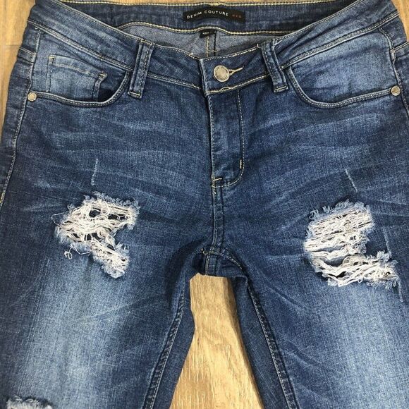 Denim Couture Red Mid Rise Distressed Blue Jeans Size 5 28X29 Skinny Frayed Rock - Picture 3 of 9